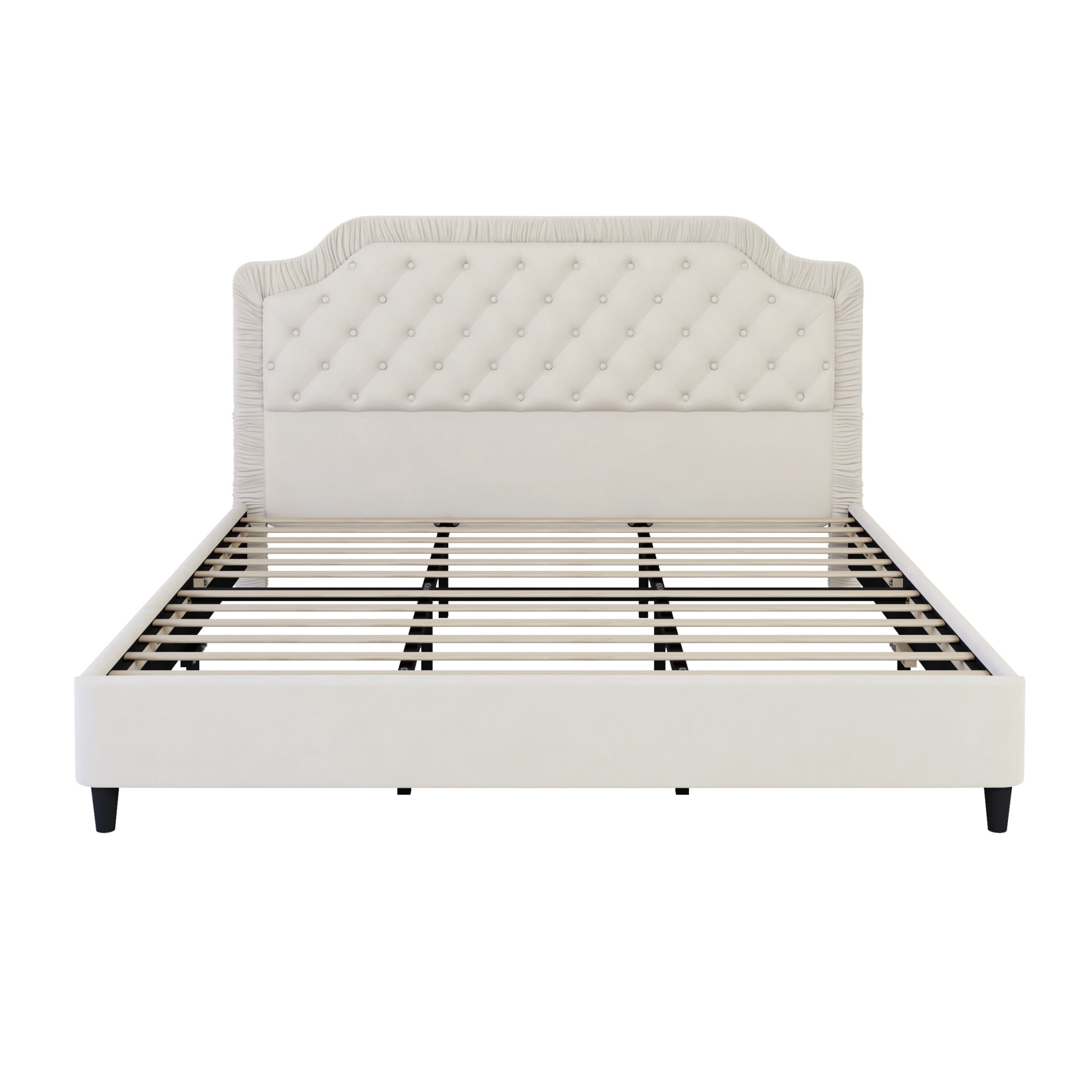 Fallon Modern King Size Platform Bed, Velvet Upholstered Bed with Button Tufted Headboard, White