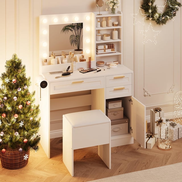 AKDSteel Vanity Mirror with Lights Desk and Chair, 37" Vanity Desk with Mirror and Lights, Makeup Vanity Desk with Padded Stool, 3 Color Lighting Modes, Power Outlet