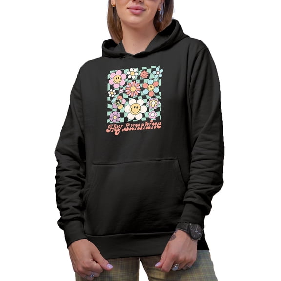 Hey, Sunshine & Retro Smiling Flowers Art Merch Gift, Black Hooded Sweatshirt or Hoodie, Small