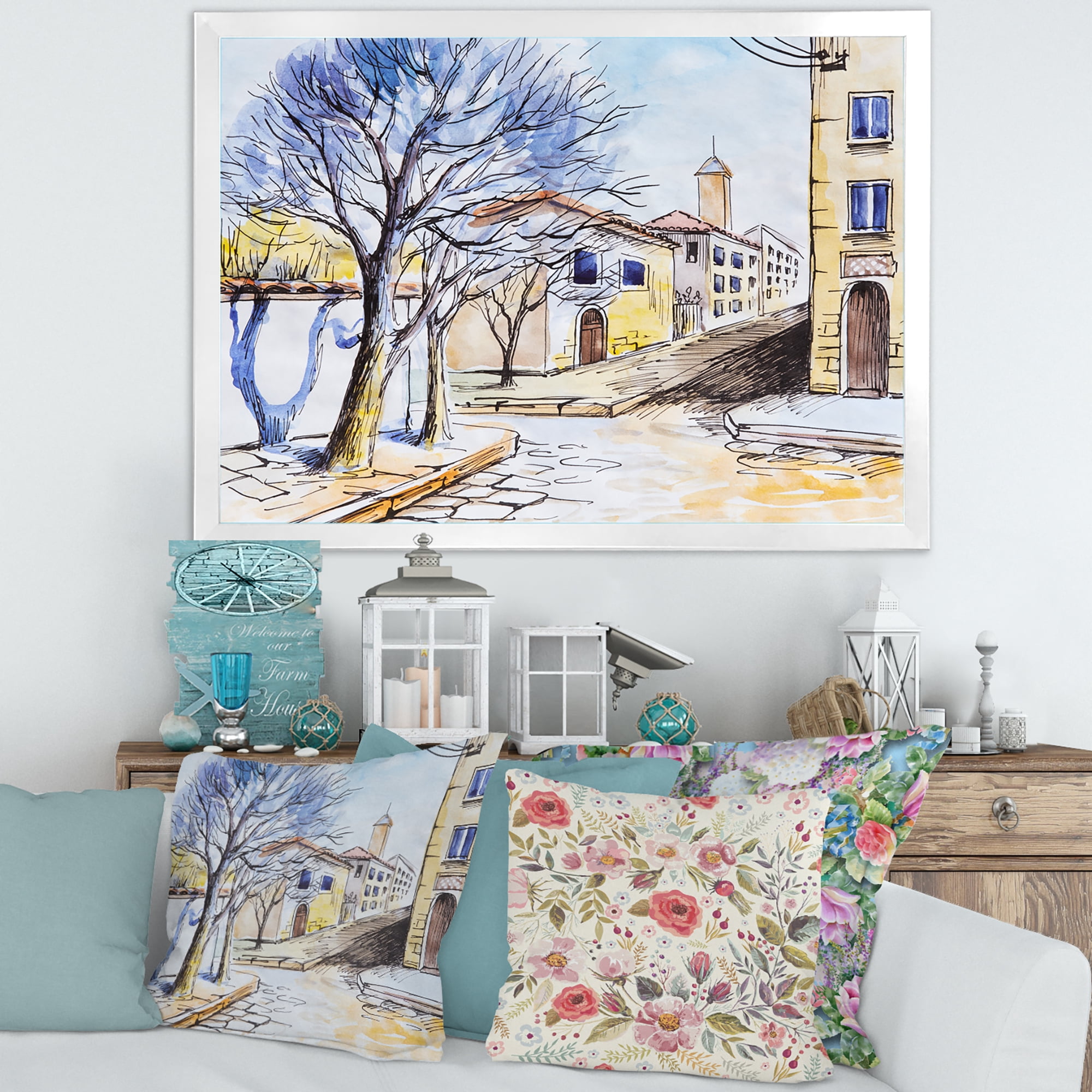 Designart 'Vintage White House In Summer VIllage' Traditional Framed Art Print