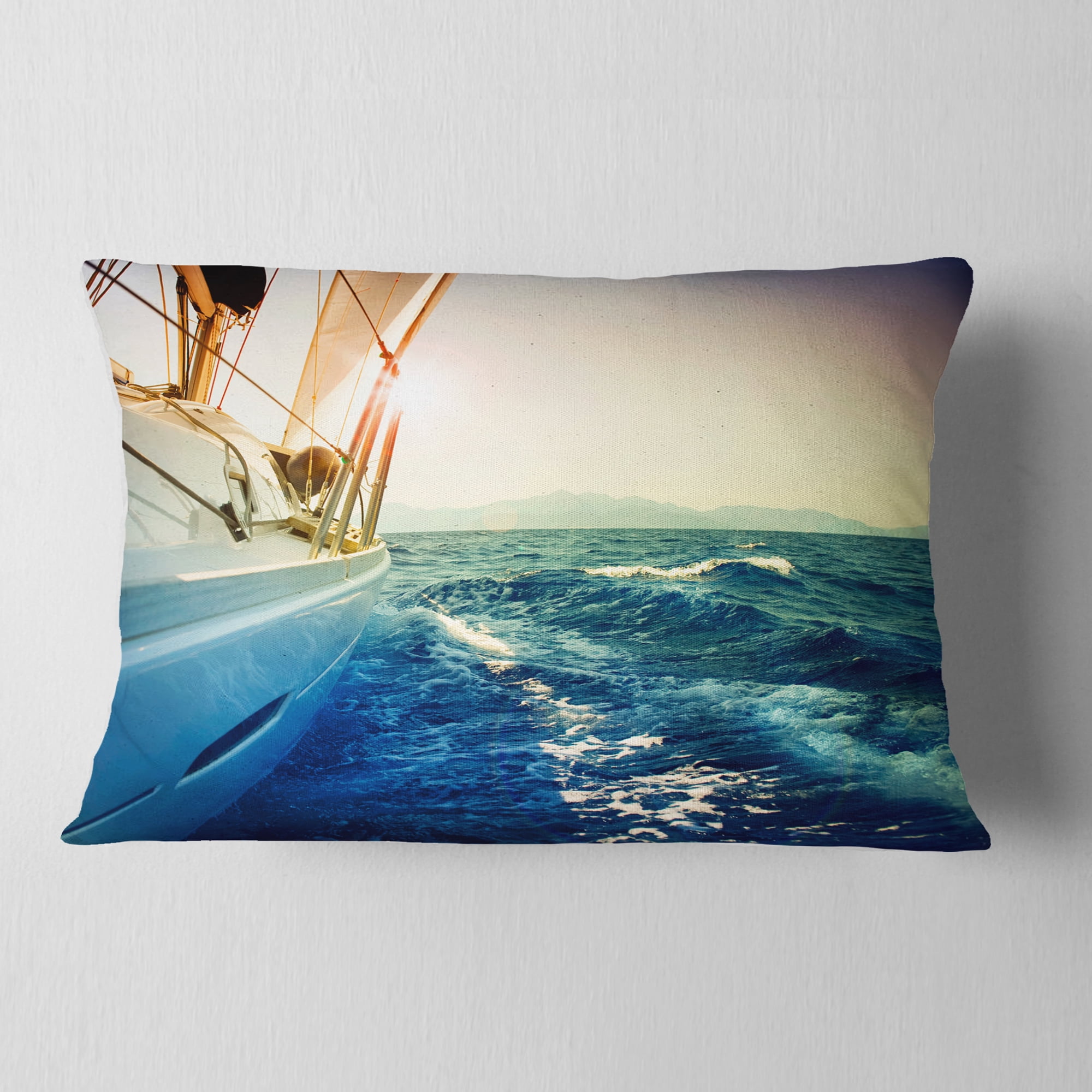 Designart Yacht Sailing in Wavy Waters - Seashore Throw Pillow - 12x20
