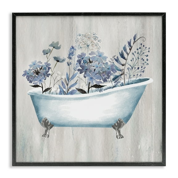 Stupell Industries Vintage Tub & Blue Florals Bath & Laundry Painting Black Framed Art Print Wall Art, 12 x 12
