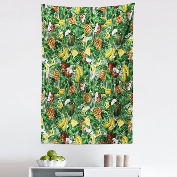Tropical Tapestry, Pineapples Banana and Coconut Pattern in Fern Leaves Exotic Hawaiian, Fabric Wall Hanging Decor for Bedroom Living Room Dorm, 5 Sizes, Green Brown Yellow, by Ambesonne