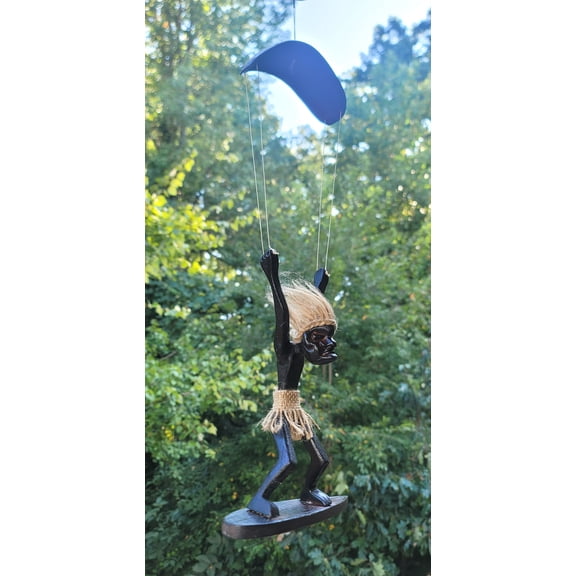Handmade Wooden Primitive Tribal Skydiving on Skateboard Figurine Statue Funny Sculpture Tiki Bar Handcrafted Unique Gift Decor Accent Parachuting Hand Carved