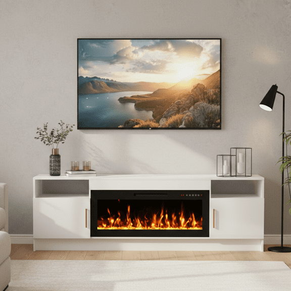 70" White Engineered Wood TV Stand with Electric Fireplace Fits Up to 75" TVs