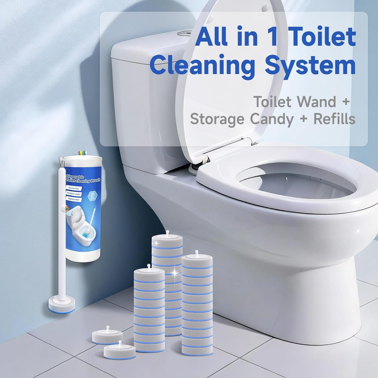 Disposable Toilet Brush, All-in-One Toilet Cleaning System, Toilet Bowl Wand Kit with Scrubbing Pads Refills, Wall-Mounted, Compact, Multipurpose