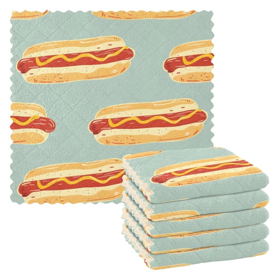 6 Pieces of Kitchen Towels 11x11Inch Kitchen Dish Cloths Kitchen Dish Towels Reuseable Cleaning Cloths Yellow Hot Dog