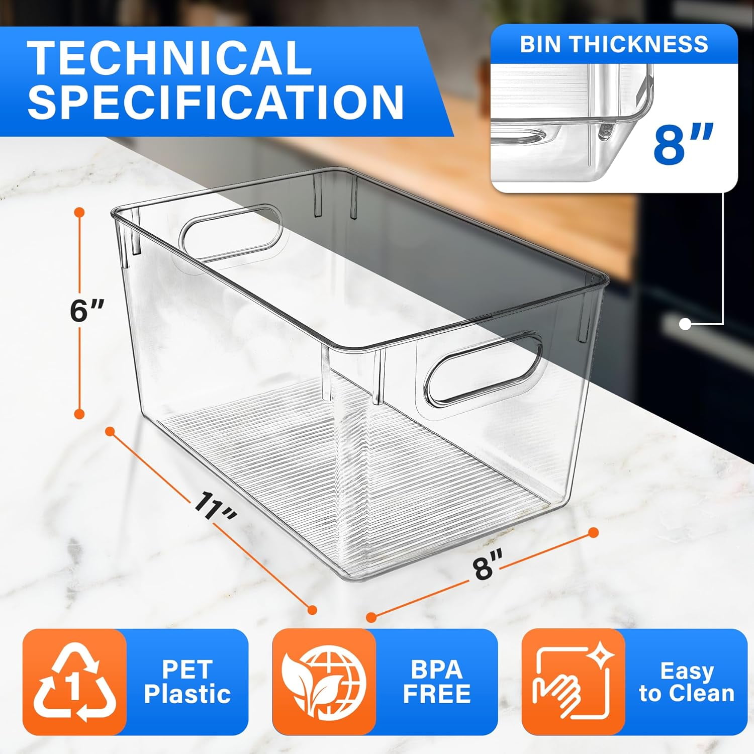 Stackable Refrigerator Bins - Set of 2 Large Capacity Organizers with Easy Grip Handles - Clear and Versatile for Kitchen Storage