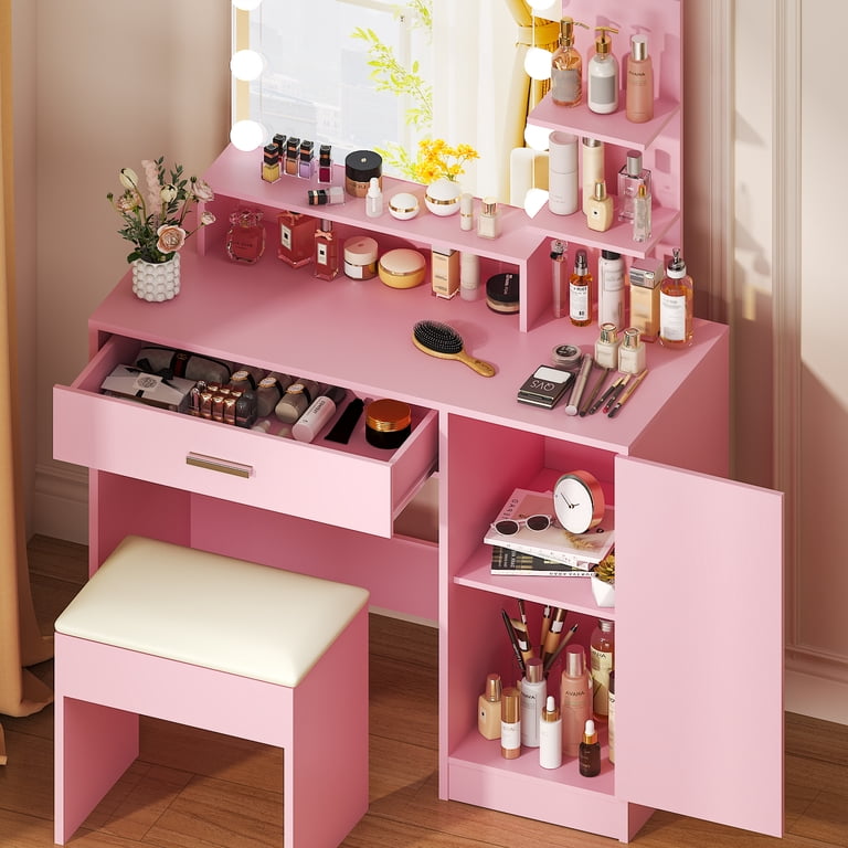 pink colour dressing table Amazon.com: HUANLEGO Makeup Vanity Desk with Mirror and LED Lights for Girls, Pink