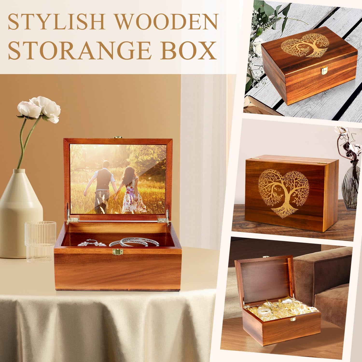 Large Wooden Keepsake Box with Hinged Lid and Photo Frame - Elegant Wedding Memory Box, Ideal for Photos, Letters, Time Capsules, Bride Gift, Love, Decorative Storage