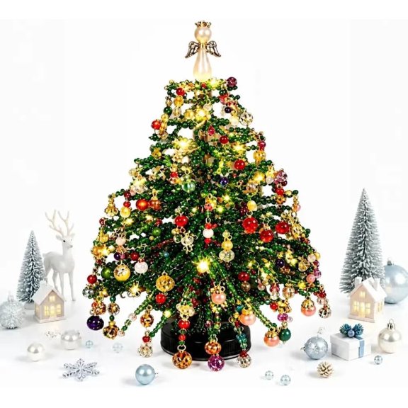 DIY Beaded Christmas Tree Kit, Crystal Holiday Craft Set for Adults | Colorful Beads, Ornament Charms, Metal Frame, Angel Topper, Warm Glow Display, Tabletop Decor, Relaxing Project, Holiday Gift