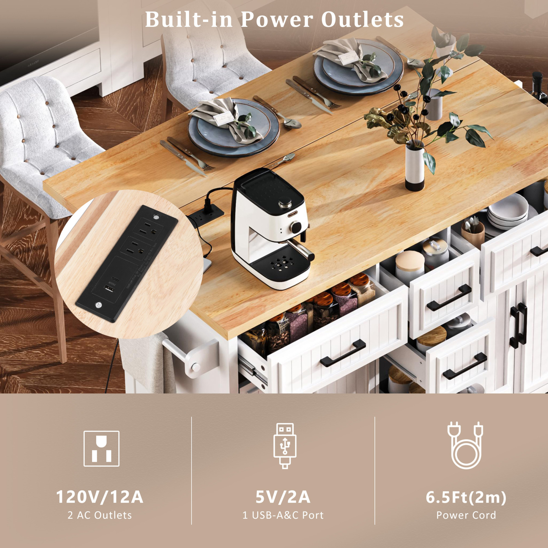 Harper & Bright Designs Kitchen Island with Drop Leaf, Rolling Kitchen Cart on Wheels with Doors, Drawers and Power Outlet for Dining Room, White