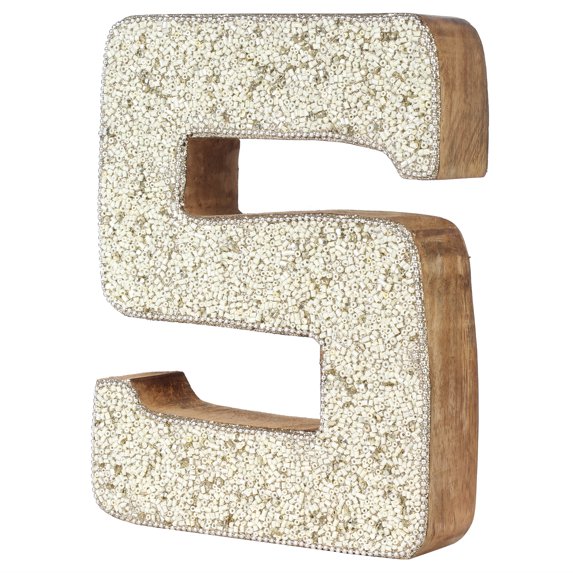 Decoriny Hand Beaded Decorative Letters | Handmade by Skilled Artisans, A Beautiful and Elegant Accessory to Dress up Your Table and Wall|Letter S, Gold and white