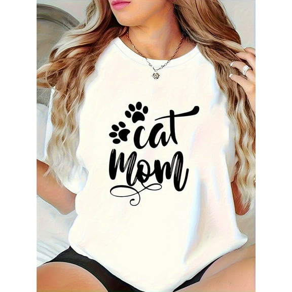 Women Cat Mom Tee White S-5XL Playful Paw Print 100 Cotton Short Sleeve Round Neck T-Shirt Top Pet Lover Gift
