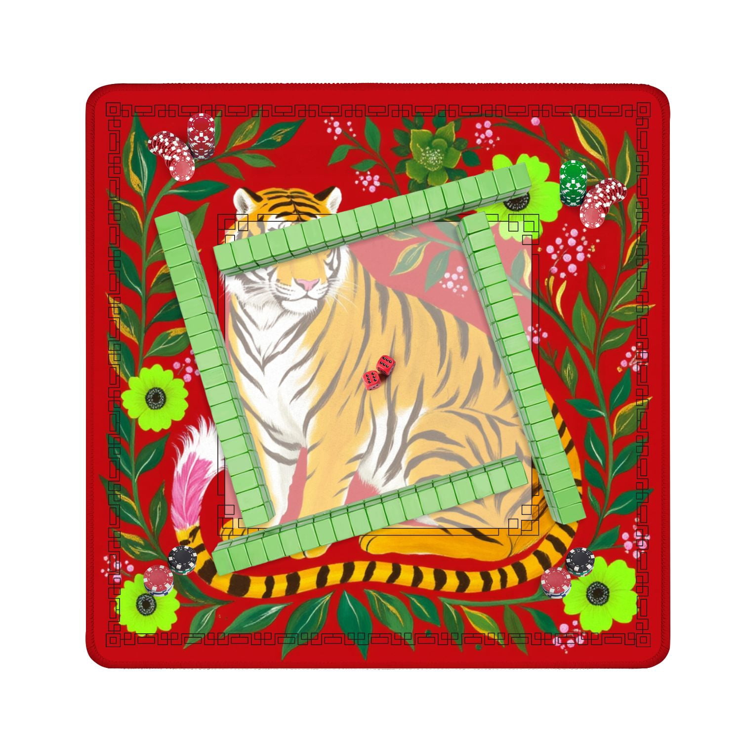 Mahjong Mat 31.5" x 31.5" Vibrant Tiger Green Flowers Leaves Red Non-Slip Noise Reduction American Mahjong Tiles Table Cover for Dominoes Poker Card Board Games Gift