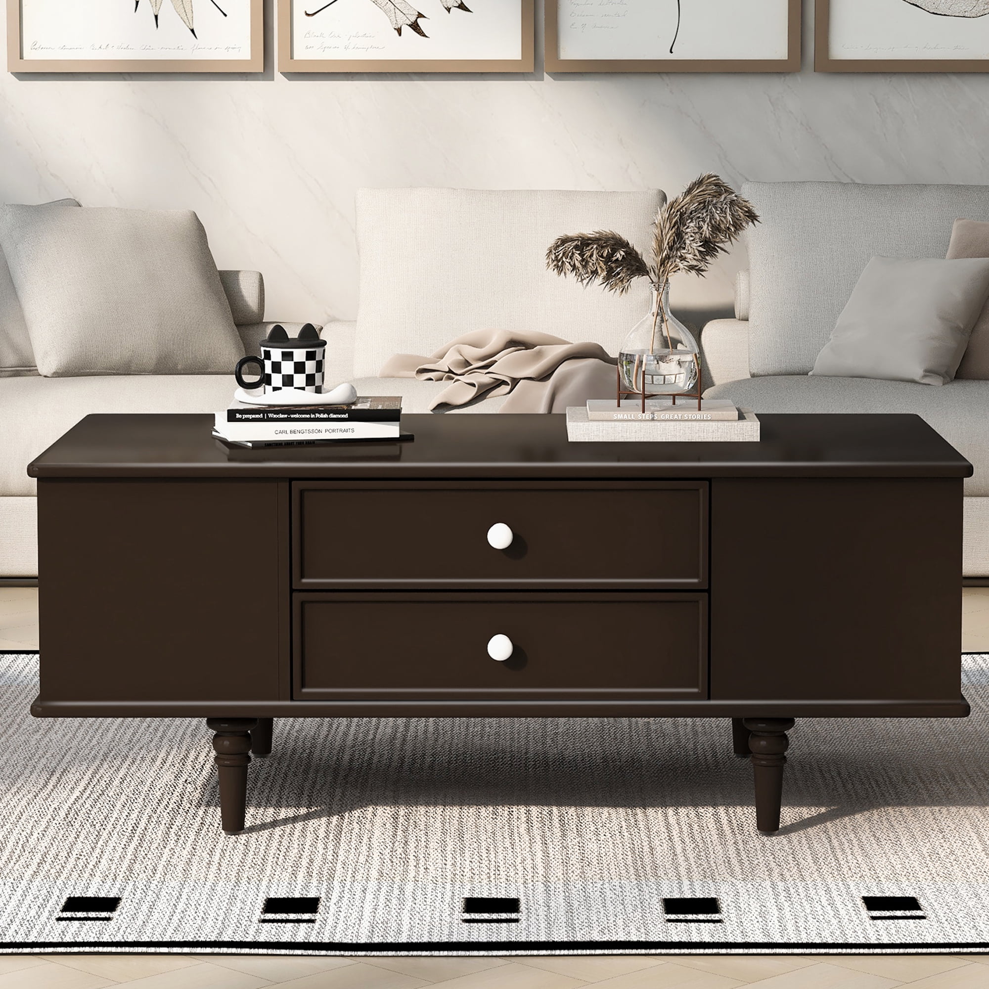 Euroco Modern Multifunctional Coffee Table with 4 Drawers, Hidden Storage Compartments & Side Shelves, Wood Legs, Easy Assembly
