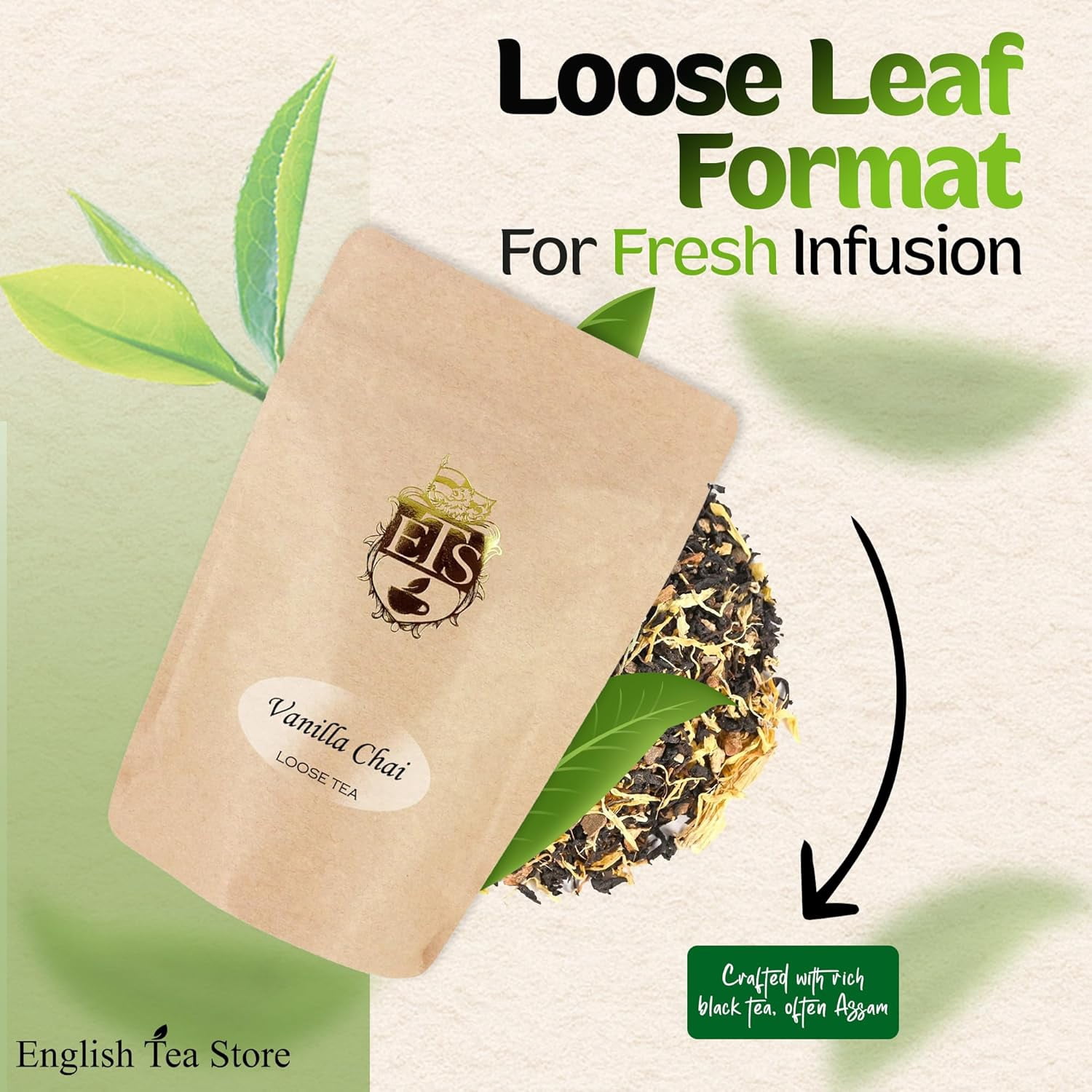 English Tea Store Vanilla Chai Tea - 16oz | Loose Leaf Black Tea with Cardamom Cinnamon, Ginger Cloves and Pepper | Rich Spiced Indian Chai with Sweet Vanilla | Brew Hot or Iced