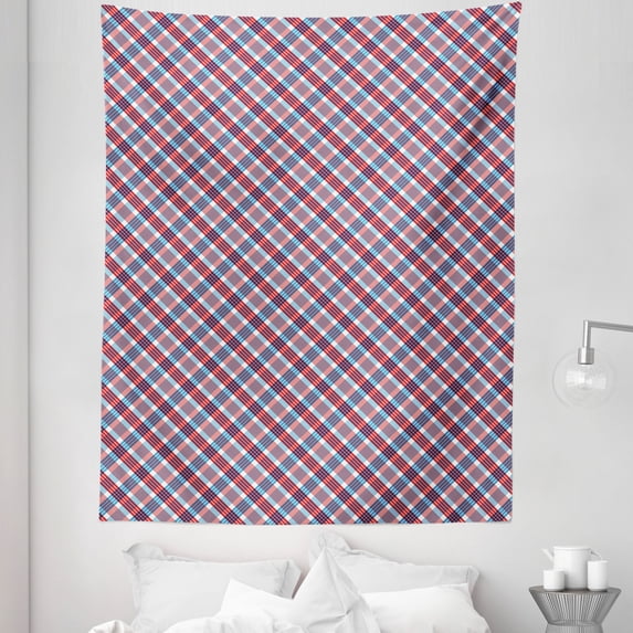 Plaid Tapestry, Checkered Pattern with Diagonal Stripes Antique Nostalgic Composition, Fabric Wall Hanging Decor for Bedroom Living Room Dorm, 5 Sizes, Vermilion Navy Blue, by Ambesonne