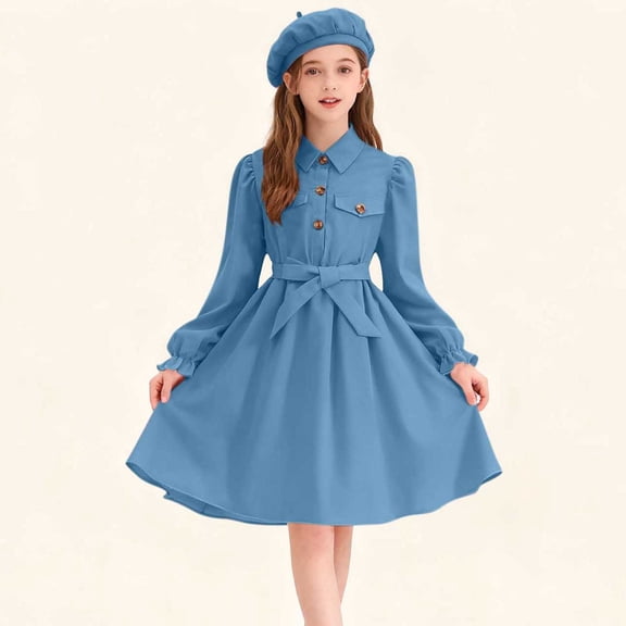 Xdegoge Girls 2 Piece Outfits Long Sleeve Button Down Dress and Hat Set Casual Lapel Collar Dressy Clothing Cute Elegant Formal Outfit with Belt Size 8-13