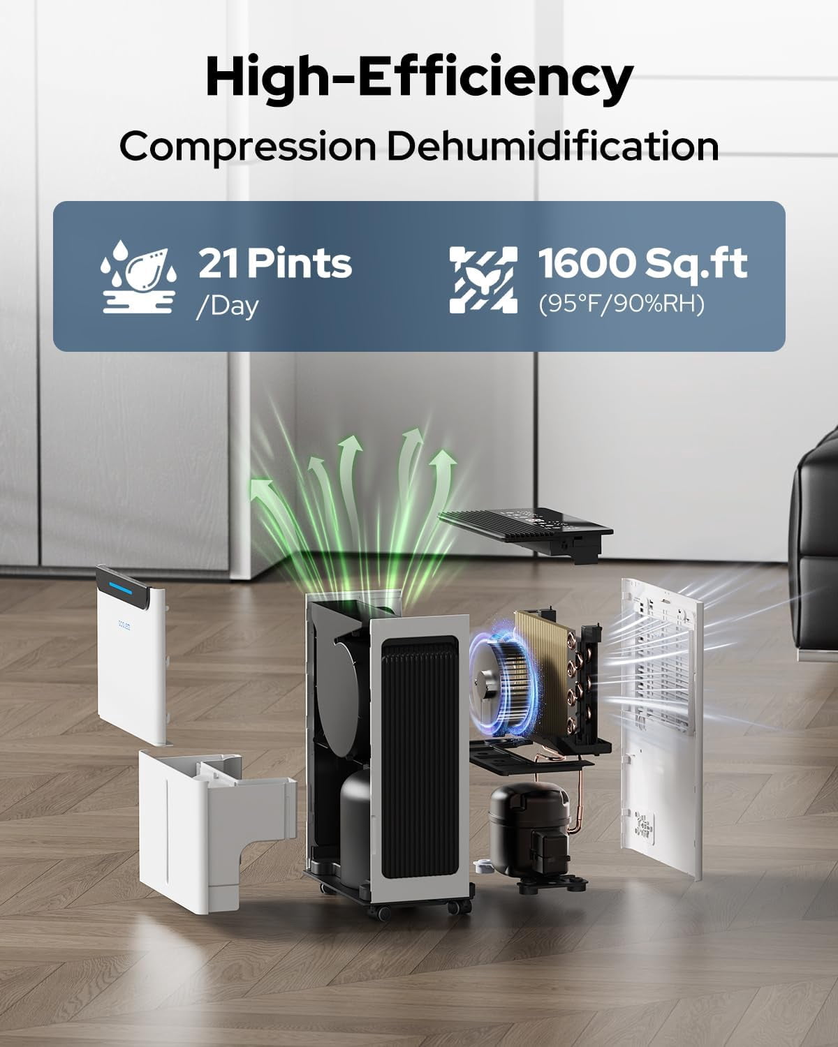 1600 Sq.ft Dehumidifier for Basement - 21 Pints, Drain Hose & Humidity Control Lar Room Dehumidifiers Home, RV, Bathroom, Bedroom 3 Modes 24H Timer White