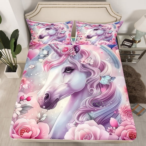 Erosebridal Dreamy Unicorn Fitted Sheet Set Queen, Pink Floral Flower Bedding Set Queen Size , 3-Piece (Fitted Sheet, Pillowcase), No Top Sheet