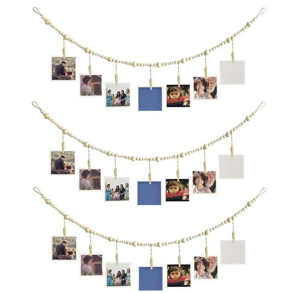 3PCS Hanging Photo Display Wall Decor, Boho Wooden Bead Garland Collage Picture Frame with 7 Wood Clips for Home, Office