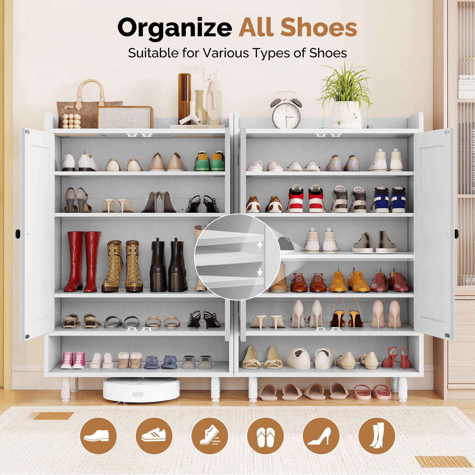 MOONMISS 5-Tier Adjustable Shelves Shoe Cabinet with Doors,Freestanding Shoe Storage Organizer,Shoe Rack for Entryway,Hallway,Closet