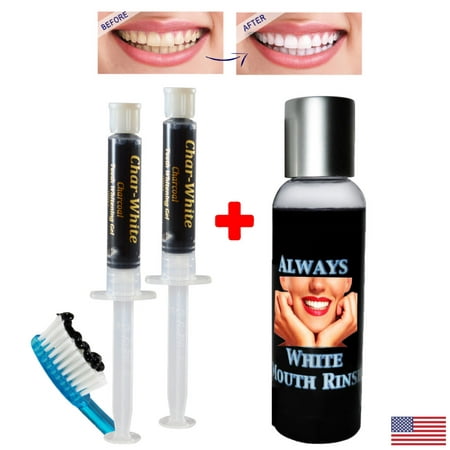 Natural Teeth Whitening Activated Charcoal Gel ( Qty 2 ) + Mouth Rinse for Freshens Breath, Strengthens and Restores Enamel, Polishes away Stains - Made in (Best Way To Strengthen Tooth Enamel)