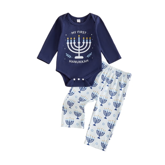 Loicainy Infant Baby Boy First Hanukkah Outfit 3 6 12 18 Months Letter Long Sleeve Romper Print Pant Clothes Set
