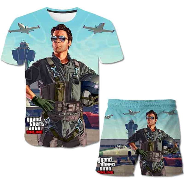 Grand Theft Auto Conjuntos de ropa Moda de verano Camisetas de dibujos animados Pantalones cortos Trajes de 2 piezas GTA5 Disfraces de cuello redondo Suits7T Gao Jinjia LED