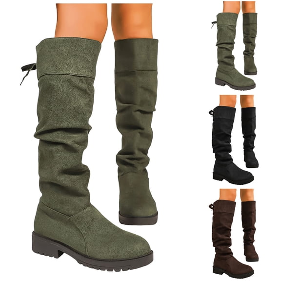 Dakaela Women's Knee High Boots Chunky Heel Platform Slouchy Suede Fall Boots Round Toe Pull on Motorcycle Riding Shoes Black 6