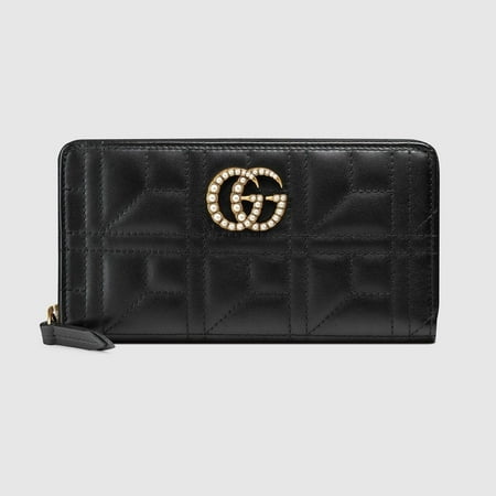 Gucci GG Marmont Cube Zip Around cream Pearl Italy Black Box Leather Wallet New