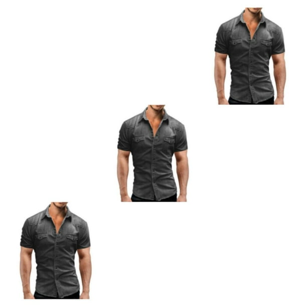 Sonducket Camisa vaquera para hombre, pantalones vaqueros elásticos suaves y delgados, manga corta, estilo americano, cierre de botón , ropa, Type1 NO1