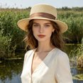 thumbnail image 4 of Fewfanhot Women Wide Brim Straw Boater Hat UPF Sun Protection Foldable Beach Fedora with Rhinestone Buckle Ribbon, 4 of 9