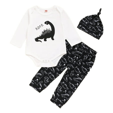 

KIMI BEAR Infant Boys Outfits 18 Months Infant Boy Autumn Outfits 24 Months Infant Boy Casual Dinosaur Print Long Sleeve Romper + Pants + Hat 3PCs Set Black + White