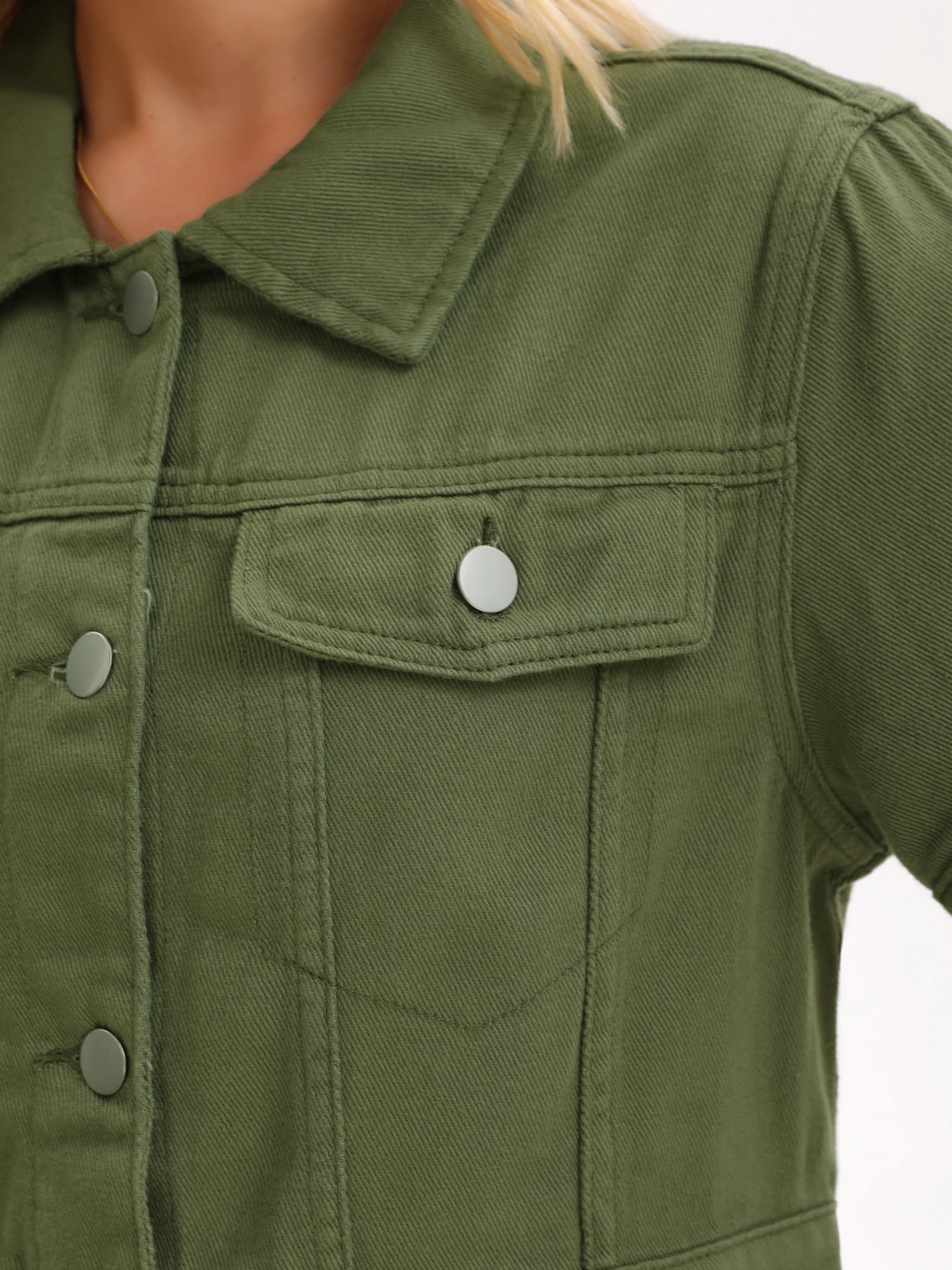 DARING DIVA Women's Short Sleeve Denim rendy Cropped Jean Jacket L Army Green