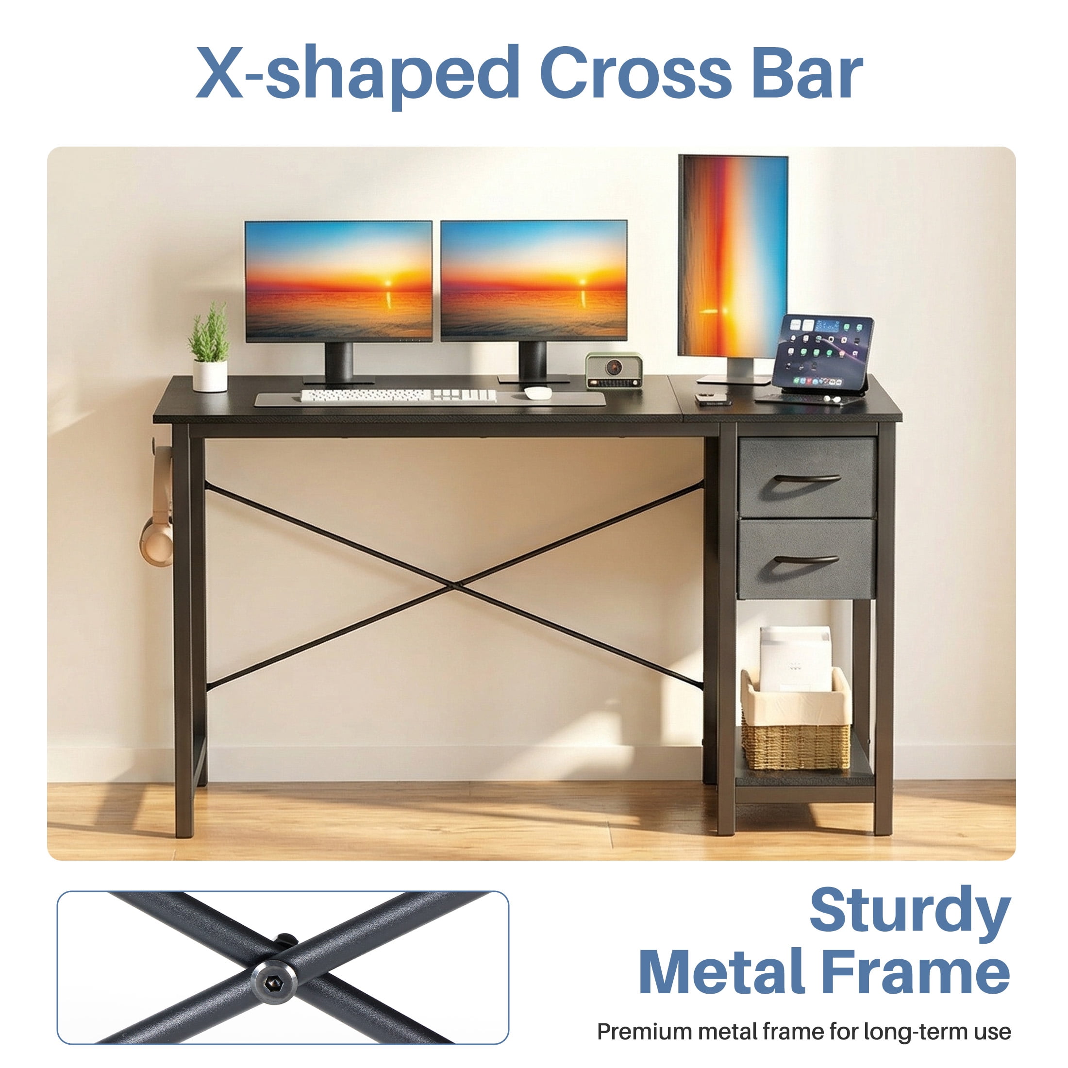 CONCETTA 40in Small Computer Desk with 2 Drawers, Writing Work Study Computer Desk, Side Headphone Hook, Modern Style for Home Bedroom, Black Wood