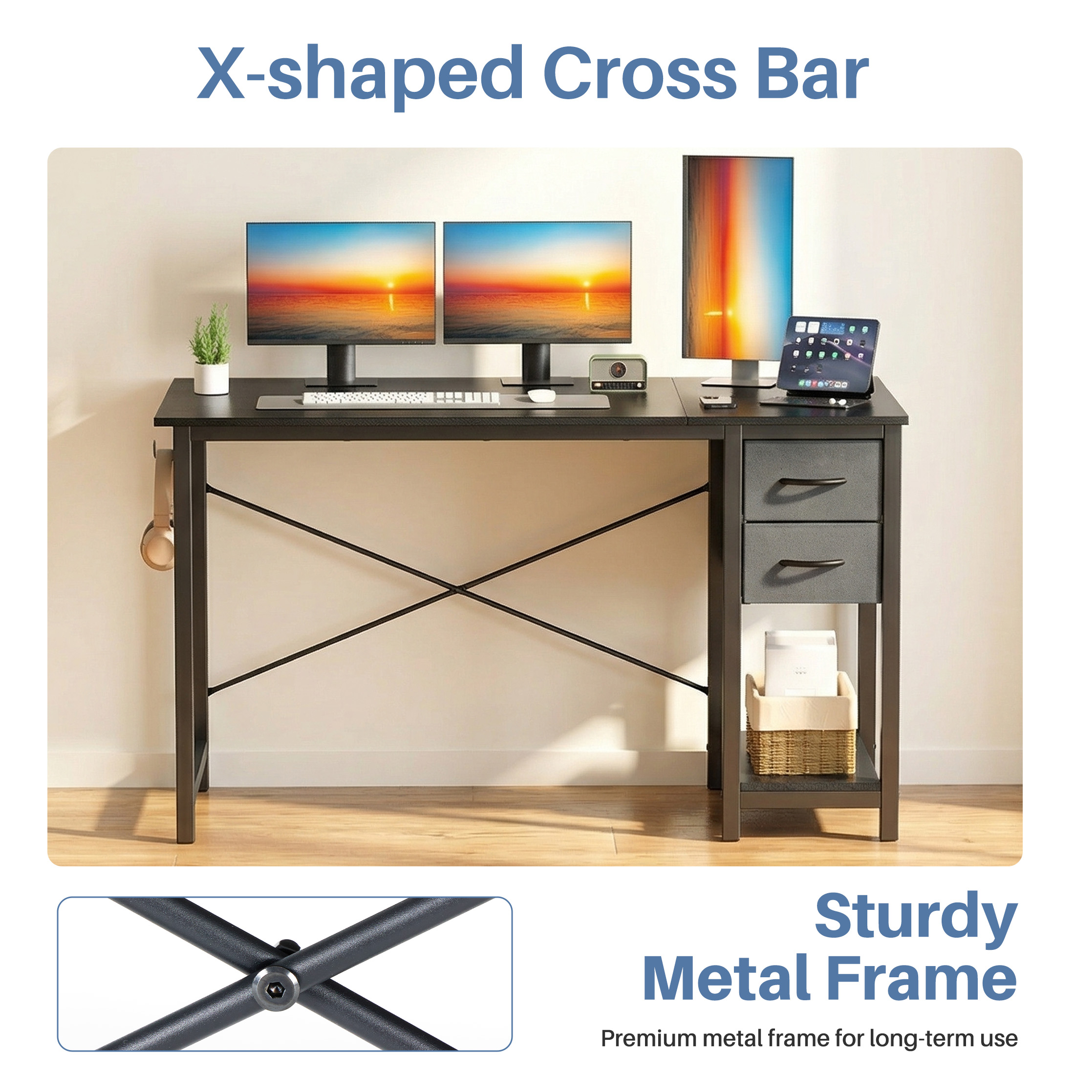Concetta 40 Inch Computer Desk With Drawers, Black photo 4
