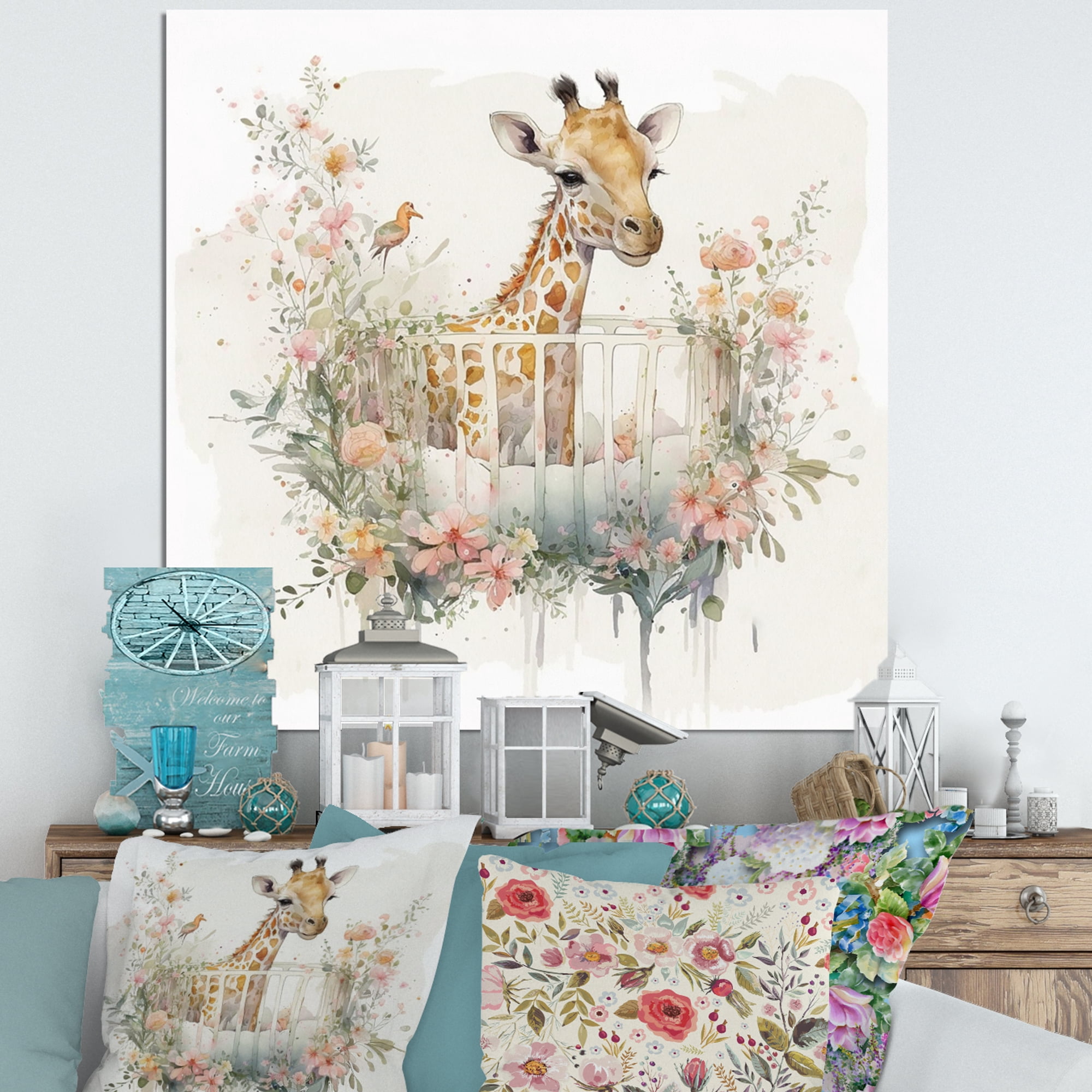 Designart Giraffe In Crib With Flowers Canvas Wall Art