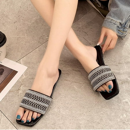 

Kukoosong Summer Women Sandals Casual Beach Sandals for Women Flat-heeled Square Head Sandals Wear One-line Slippers Breathable Shoes Black Size 41