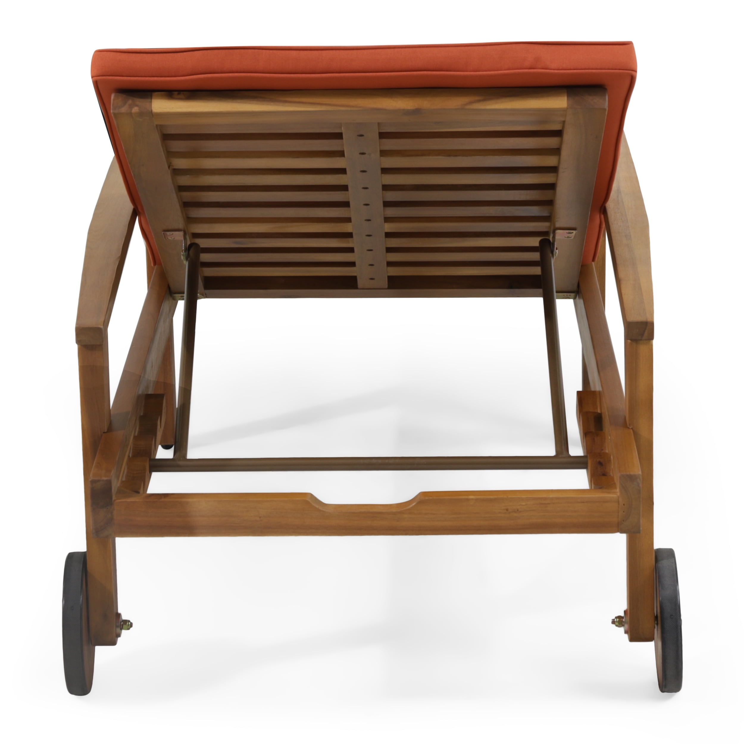 Adjustable Chaise Lounge, Outdoor Acacia Wood Lounge for Patio Poolside, Teak and Orange