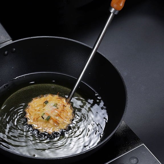 WEAVILUX Non-Stick Frying Spoon, Plated Silver Stainless Steel with Wooden Handle, Easy to Use in Kitchen