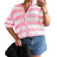 thumbnail image 3 of Short Sleeve Women Stripe Print Casual Button Down Crochet Cardigan Hollow Tops, 3 of 4