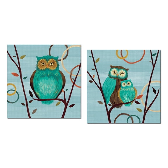 Adorable Teal and Brown Owl Family with Baby Set by Veronique Charron; Two 12x12 Poster Prints