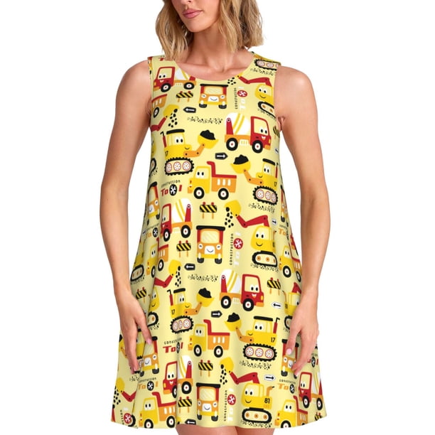 Easygdp Funny Construction Vehicles para Vestido Transpirable de Mujer, Vestido Suelto de Manga Corta con Pliegues y Bolsillos para el Verano