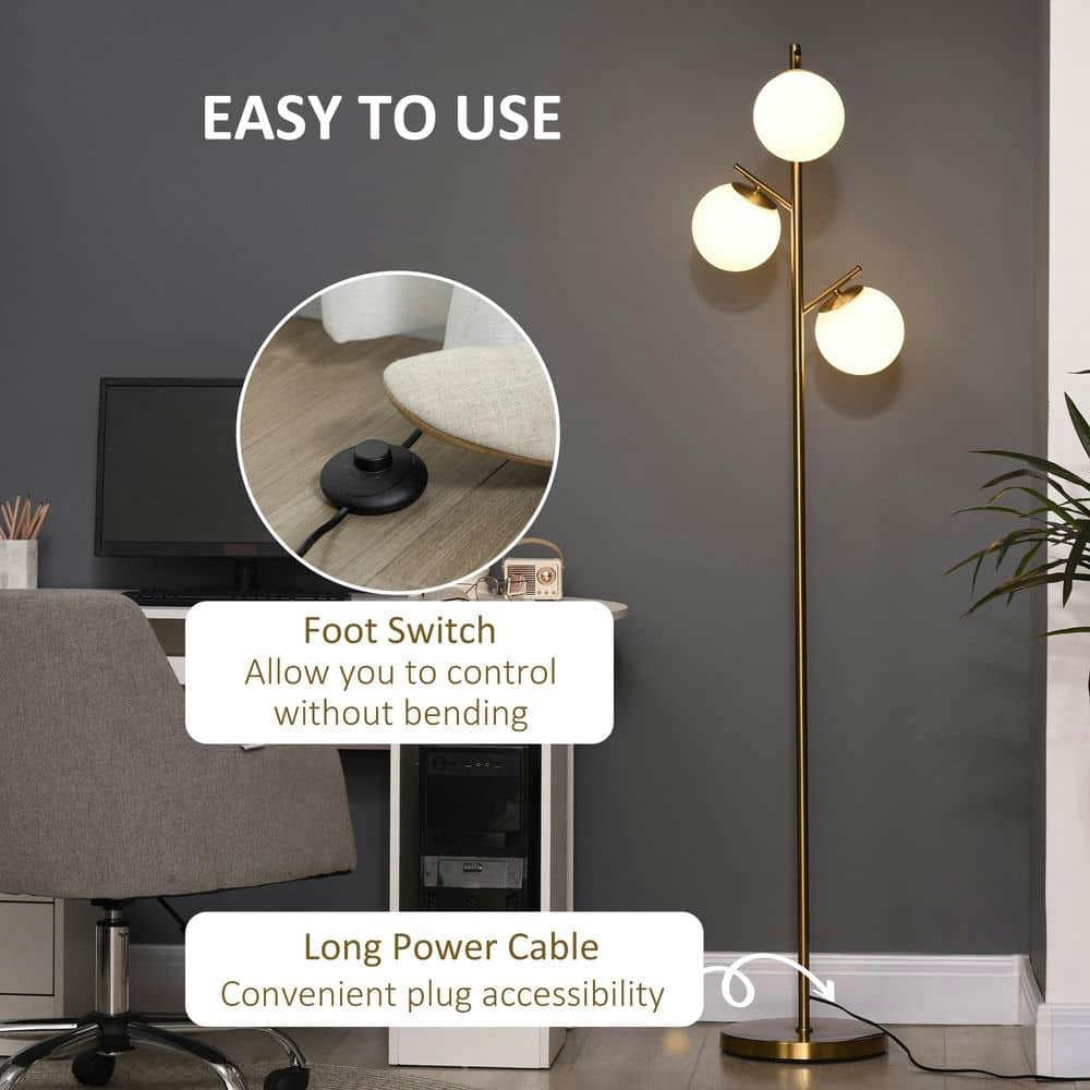 Spaco 10.75"x10.75"x66.5" Modern 3-Light Floor Lamp, Tree Standing Lamp with Globe Lampshades for Indoor as Living Room, Bedroom, Gold
