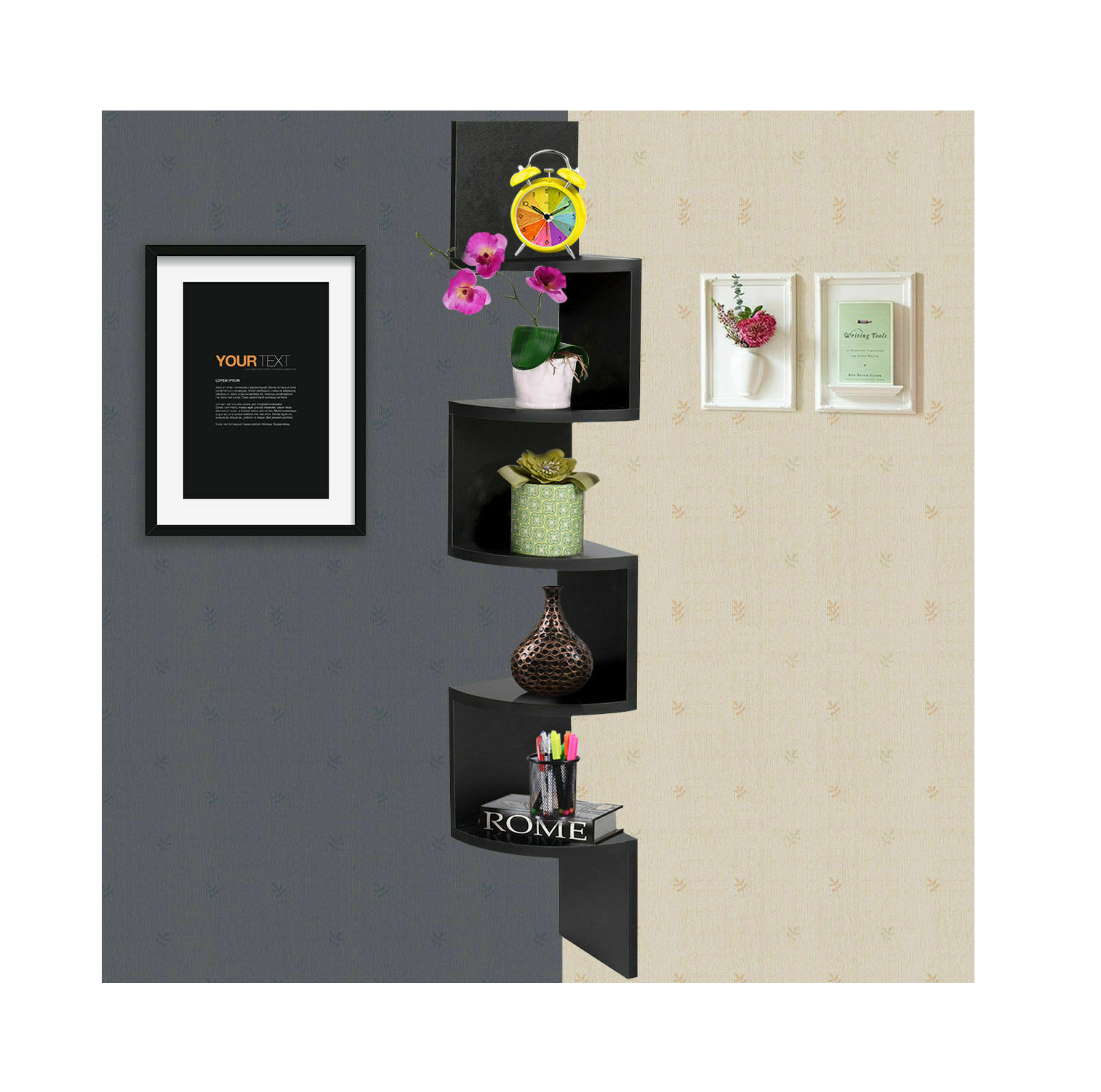 Black Large Corner MDF Zig Zag Wall Shelf Finish Storage Display Decor