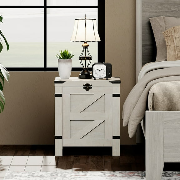 WAMPAT Lift Top End Table,Nightstand with Rustic Lock and Storage Cabinet for Small Spaces,Side Table for Living Room and Bedroom, Antique White