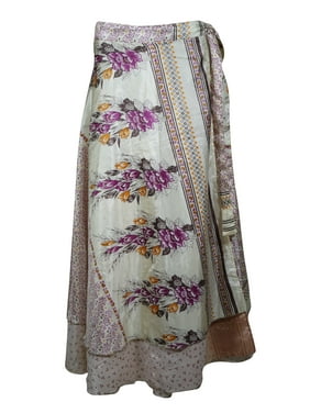 Mogul Women Off-White Vintage Silk Sari Magic Wrap Skirt Reversible Printed 2 Layer Sarong Beach Wear Cover Up Long Skirts One Size