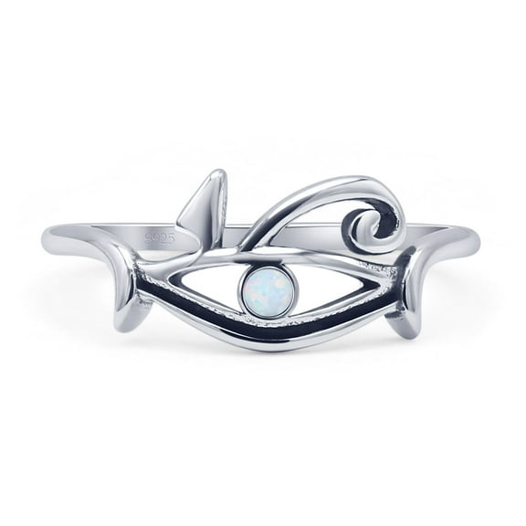 Eye Of Horus Lab Created White Opal Oxidized Round Ring 925 Sterling Silver Size 5